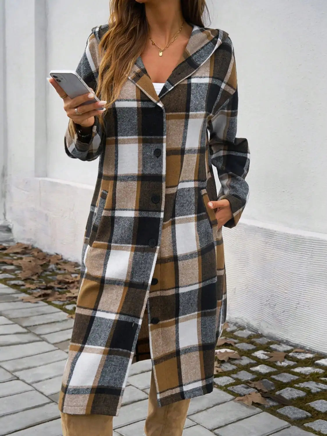 Guangdong CN Womens Plaid Corduroy Trench Coat Button Down