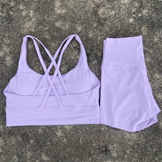 Solid Color Soft Women Gym Yoga Short Set Cross Back Shoulder Strap Gym Bra+High Waist Sport Short Leggings 2pc Tight Sportwear