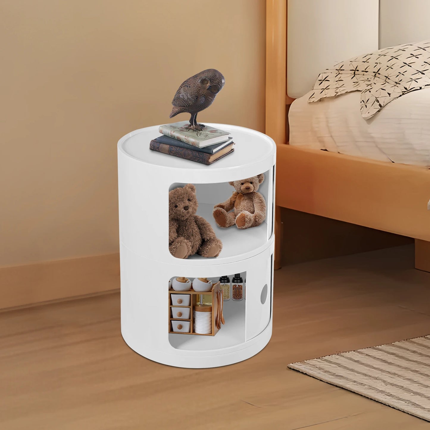 General Use 2 Tier Round Bedside Cabinet Nightstand With Drawers