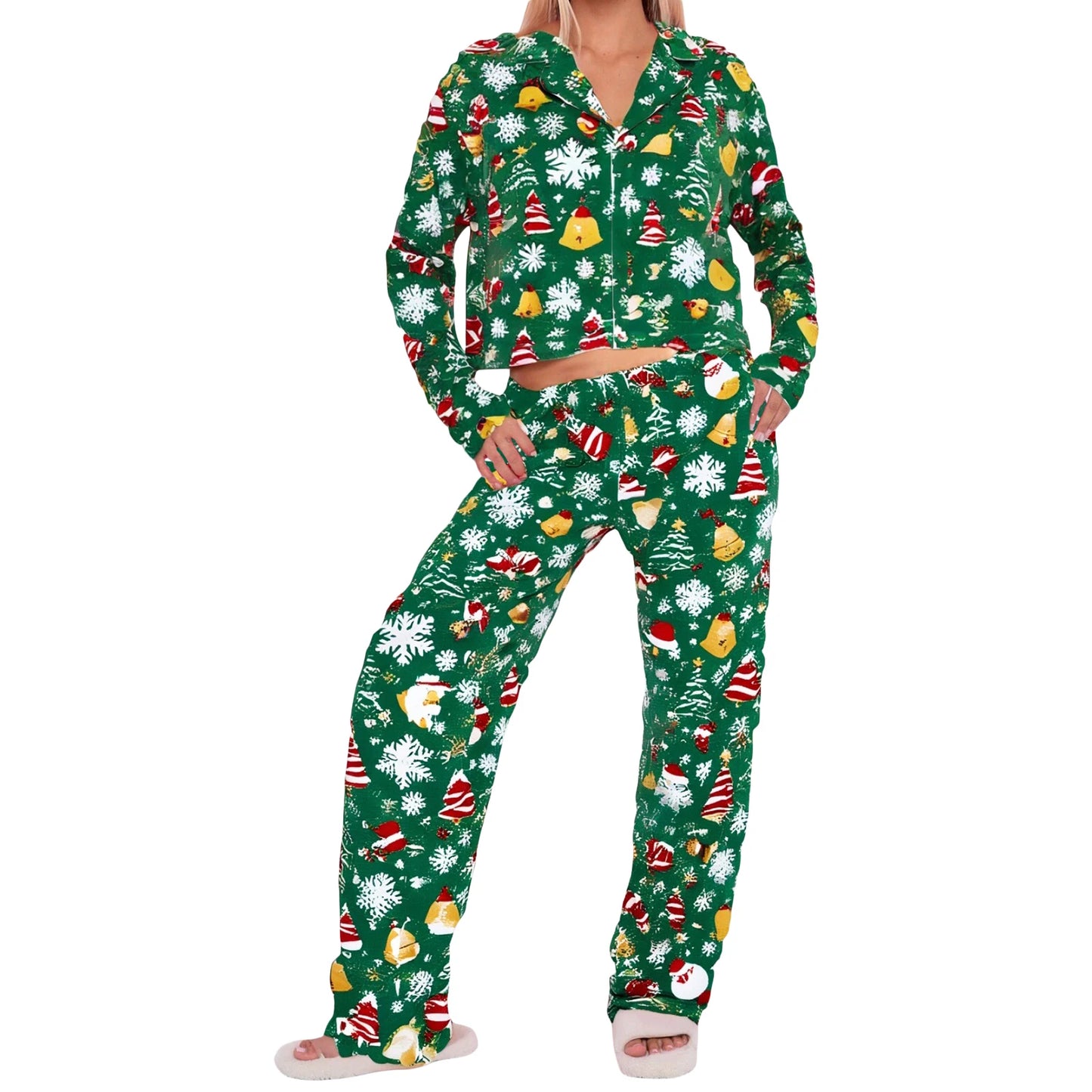XBTCLXEBCOCN Women Festive Christmas Tree Print Pajama Set With Cozy Long Sleeve Button Up Top And Elastic Waist Pants