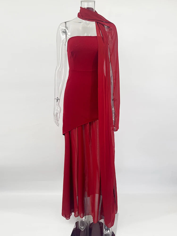 TARUXYCN Strapless Ribbon Dress Women Elegant Mesh Sleeveless Maxi Beach Vacation