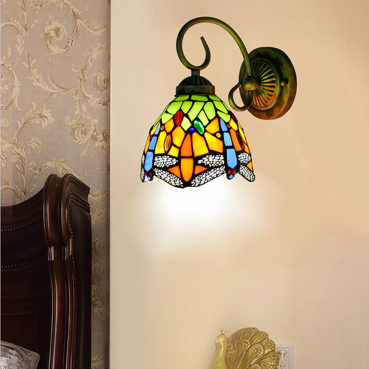 Stained Glass Wall Light Dragonfly E27 Iron Sconce Classic