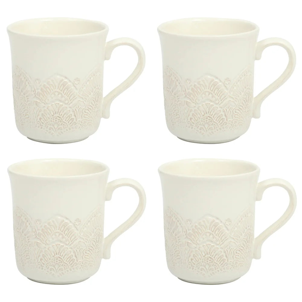 Drinkware Vintage Lace Ceramic Mug Set 4-Pack Dishwasher Safe Stoneware