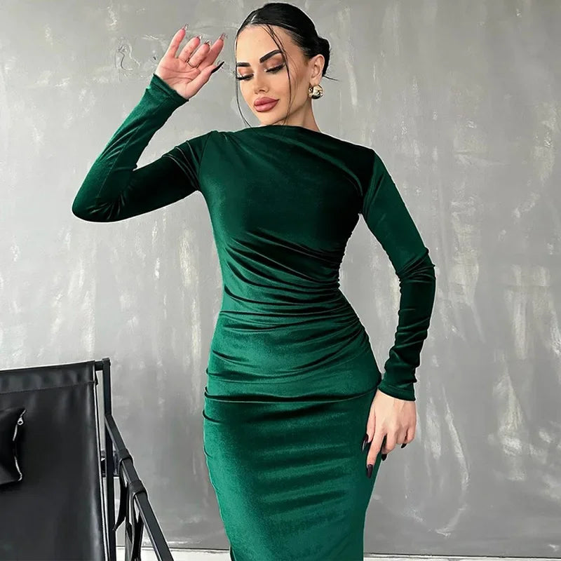 Dulzura Velvet Long Sleeve Midi Dress For Women Ruched Party