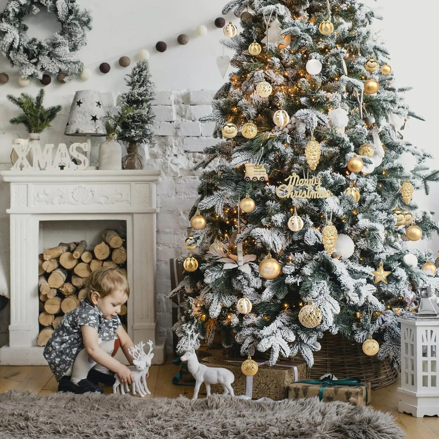 Gold And White Shatterproof Christmas Ball Ornaments Set 65 Pieces Hanging Ornaments For Xmas Tree Decor