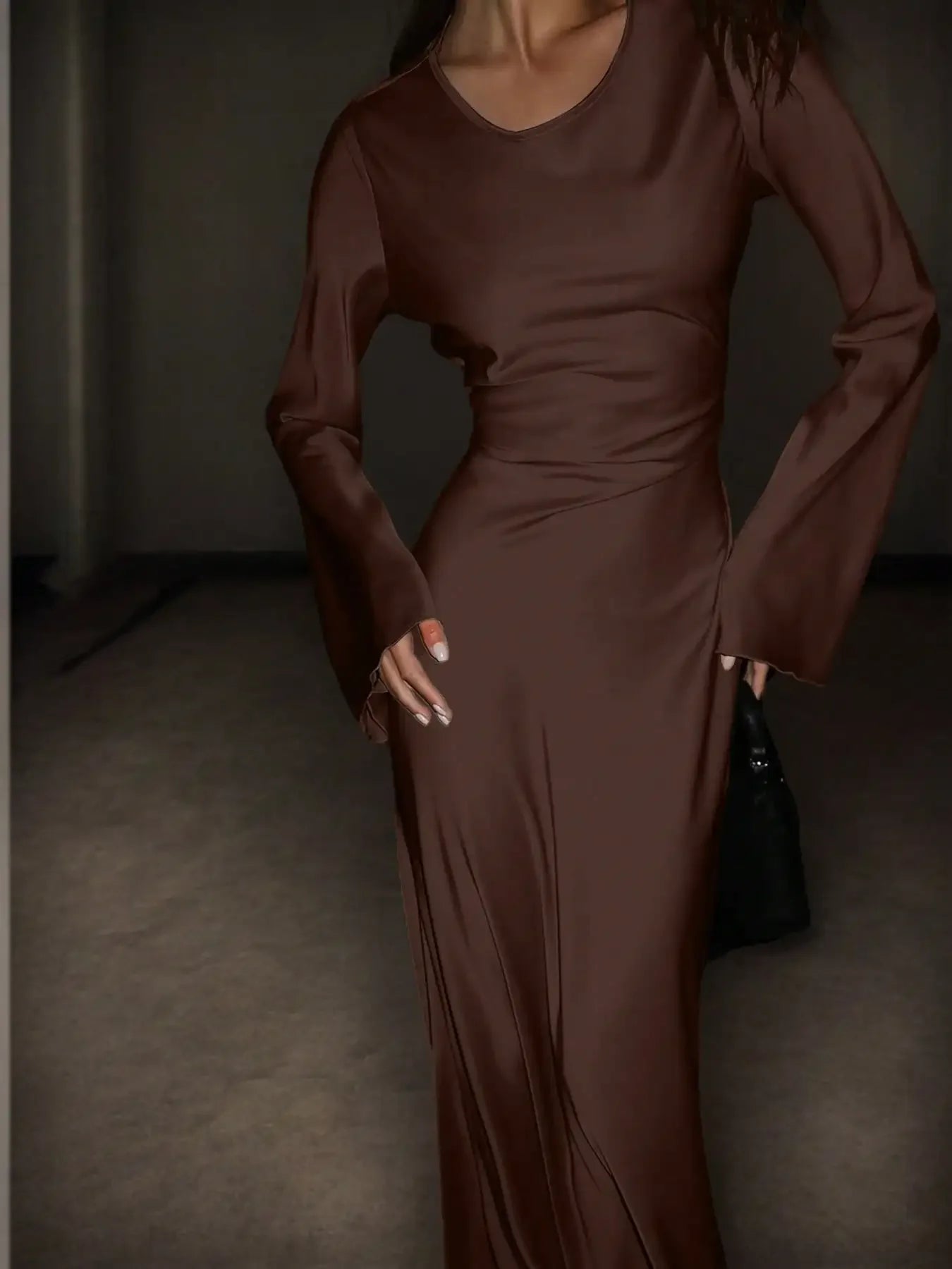 Women's Bespoke Satin Maxi Dress with Corset Waist Tie Classic Round Neck & Dramatic Flared Sleeves Luxury Evening Dress