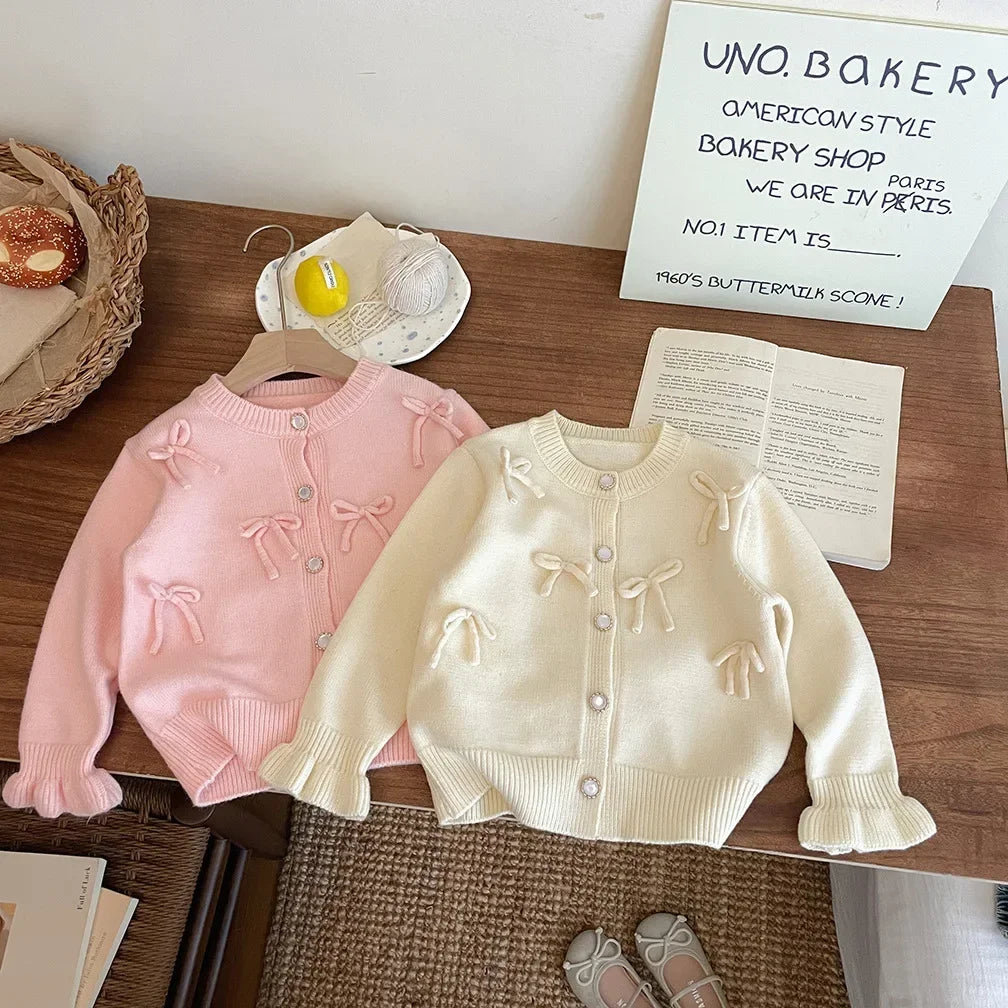 Girls Bow Knit Cardigan Sweater Jacket Cotton Autumn Winter