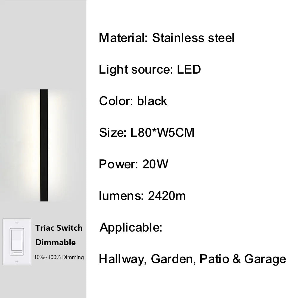 Outdoor Porch Wall Light 10%-100% Smart Triac Dimming Garden Corridor Lighting IP67 Waterproof Sconce Rust-Proof Stainless Steel