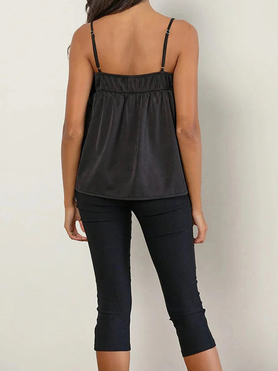 Hirigin Women Satin V Neck Sleeveless Blouse With Ruffle Hem