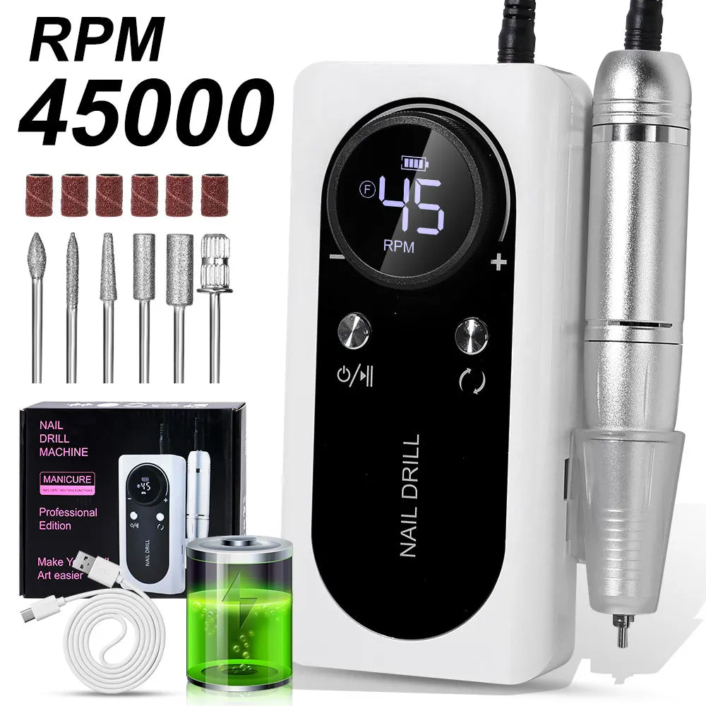 45000RPM Electric Nail Drill File Rechargeable Electric Nail Polishing Machine for Acrylic Gel Dip Powder Manicure Pedicure Tool