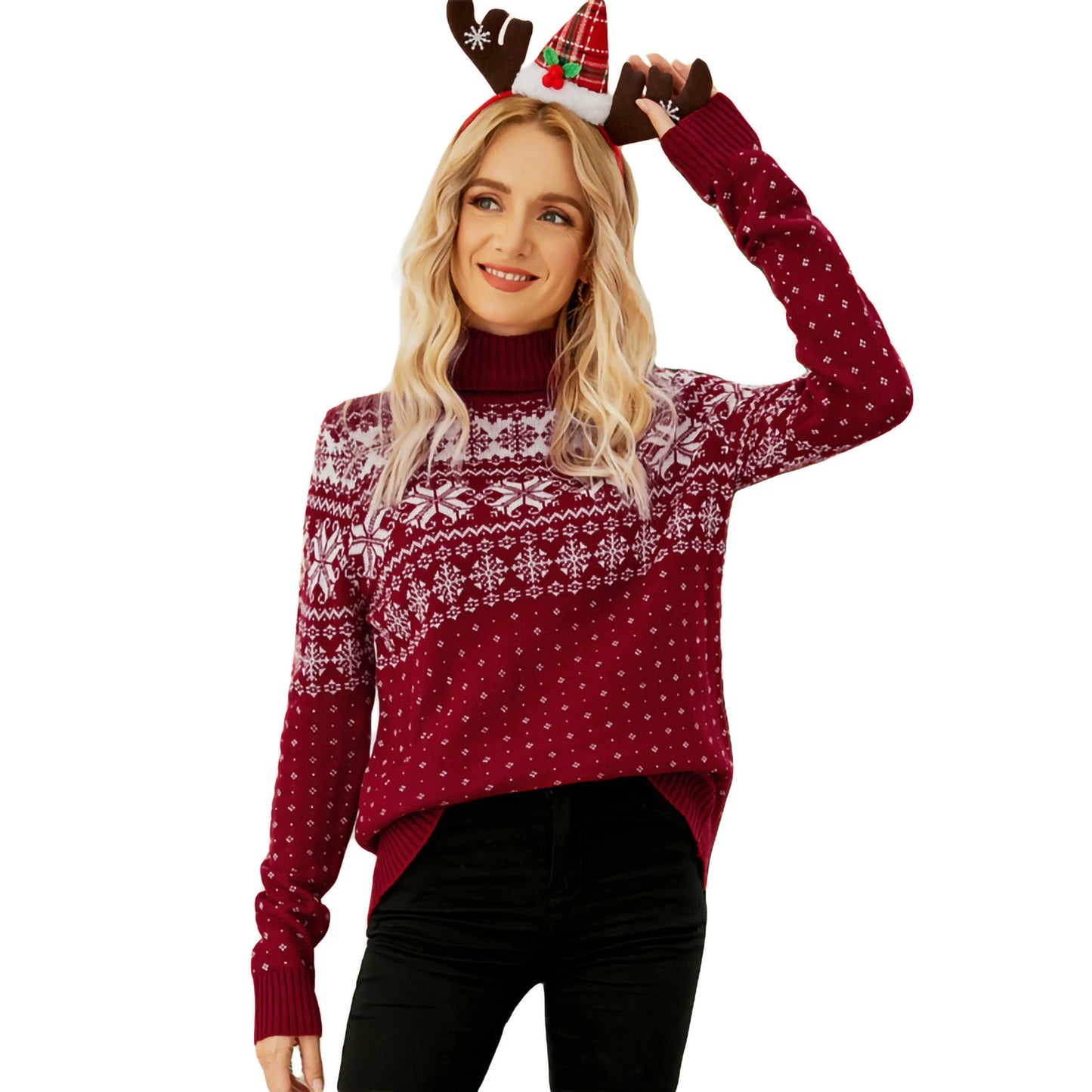 HiriginCN Womens Christmas Snowflake Knitted Sweater Long Sleeve High Neck Pullover Knitwear