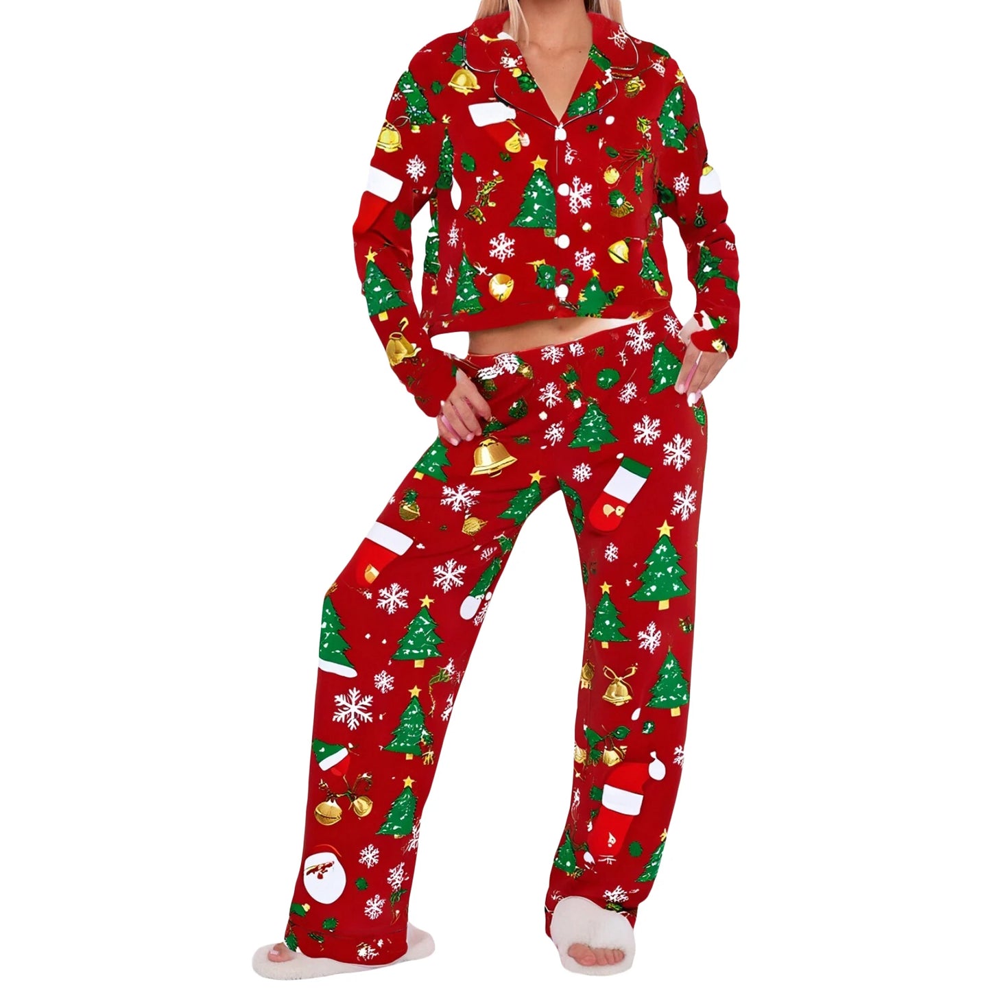 XBTCLXEBCOCN Women Festive Christmas Tree Print Pajama Set With Cozy Long Sleeve Button Up Top And Elastic Waist Pants