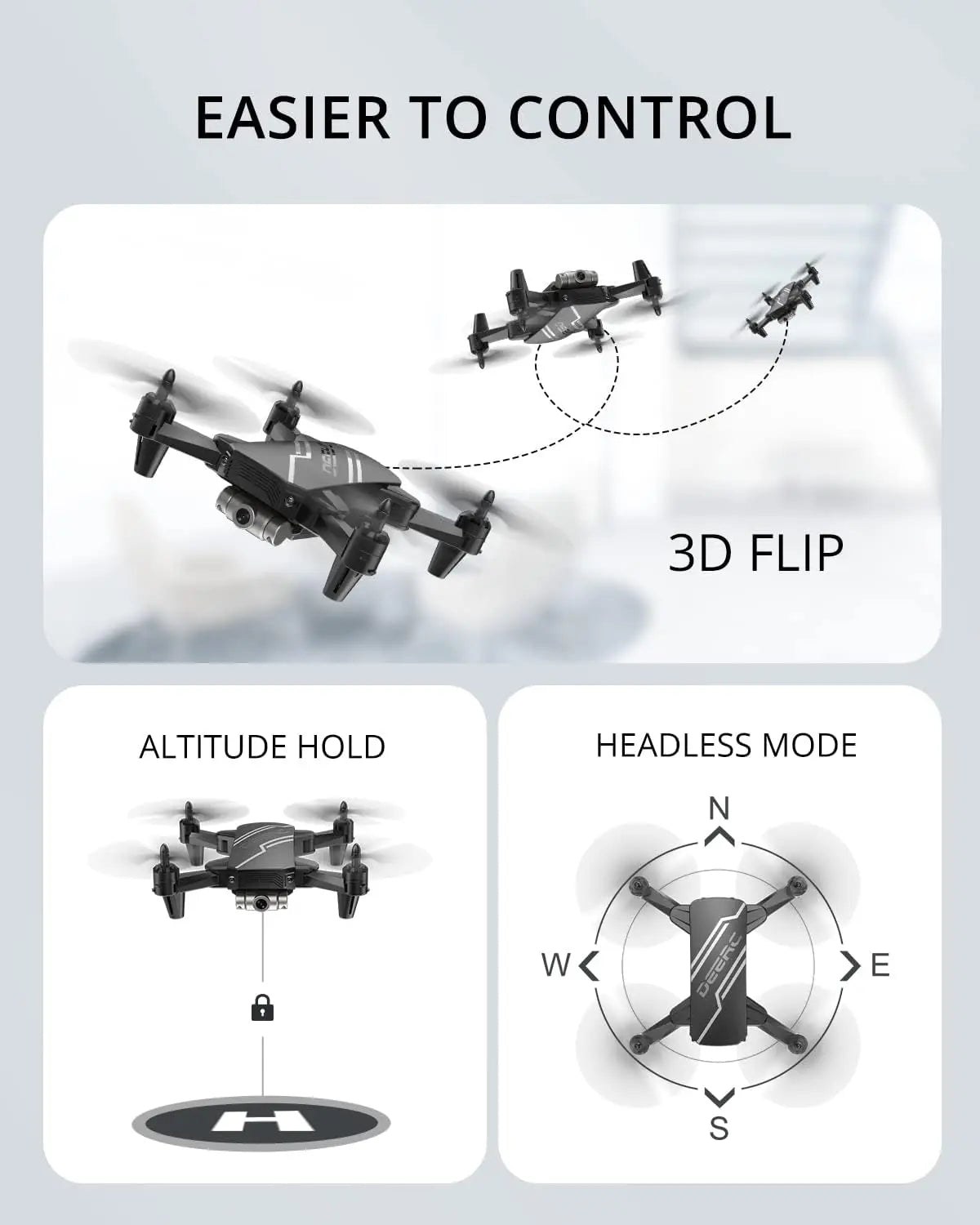 DEERC D20 Kids Drone: Foldable, HD Camera, FPV, Gesture Ctrl, Altitude Hold, 3D, Headless,C0.