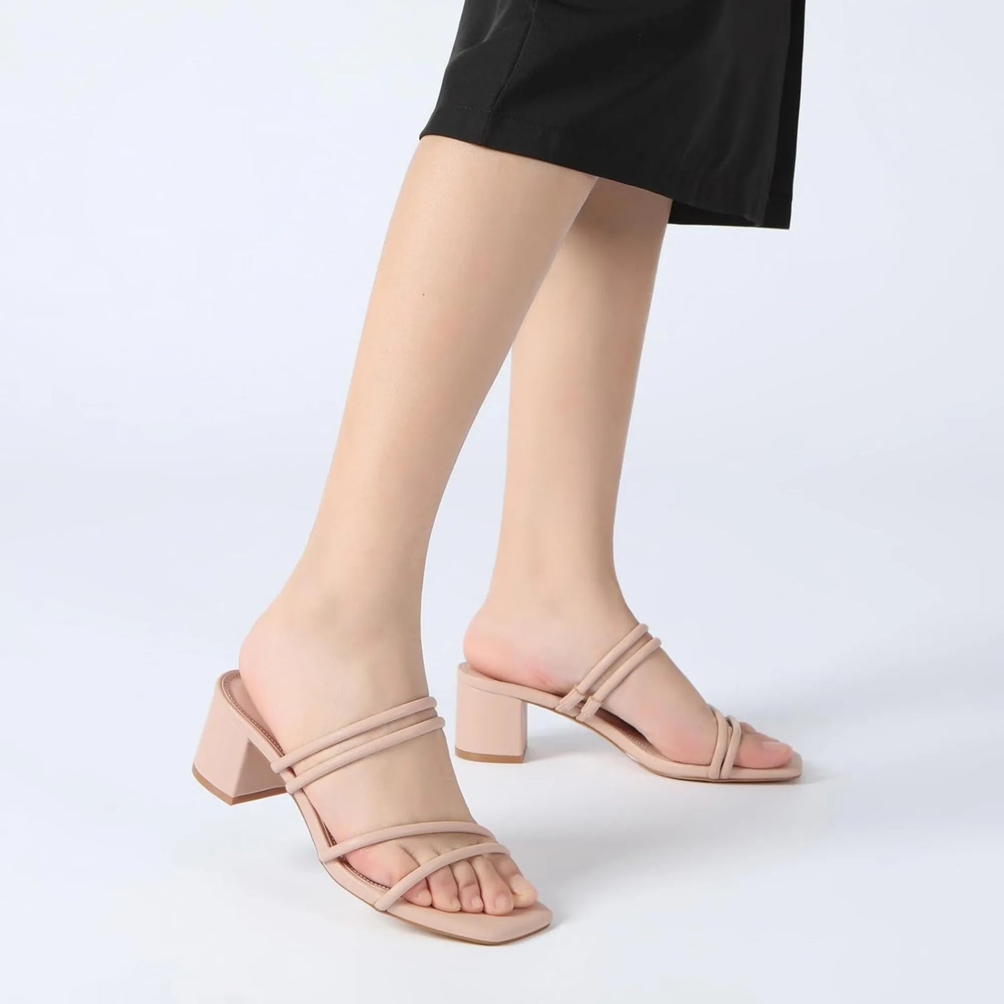 Women's Strappy Block Chunky Heels Fashion Square Open Toe Slip On Heeled Sandals
