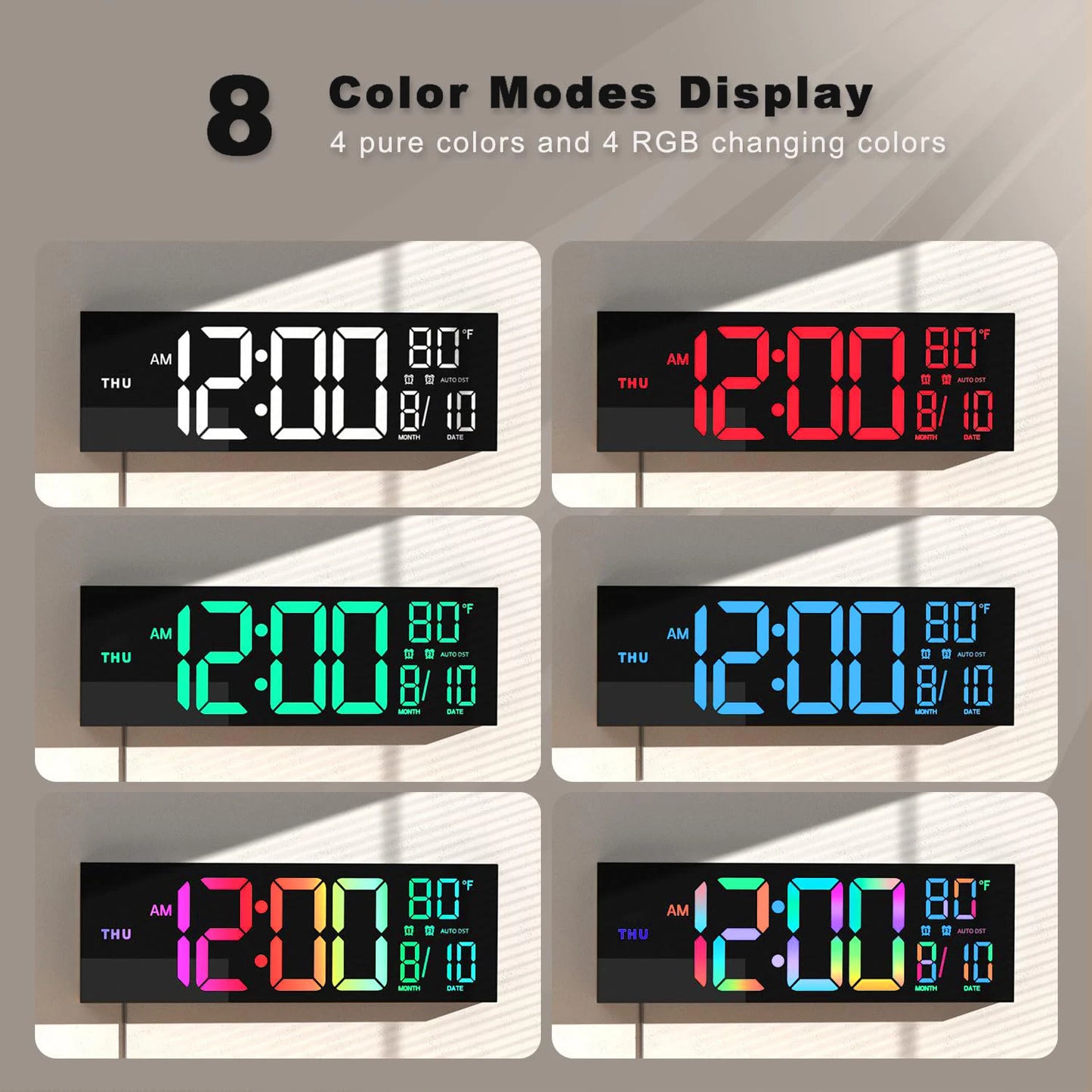16" Large Digital Wall Clock, Big LED Display with Remote, 8 RGB Color, Alarm, DST, Temperature for Living Room, Kitchen