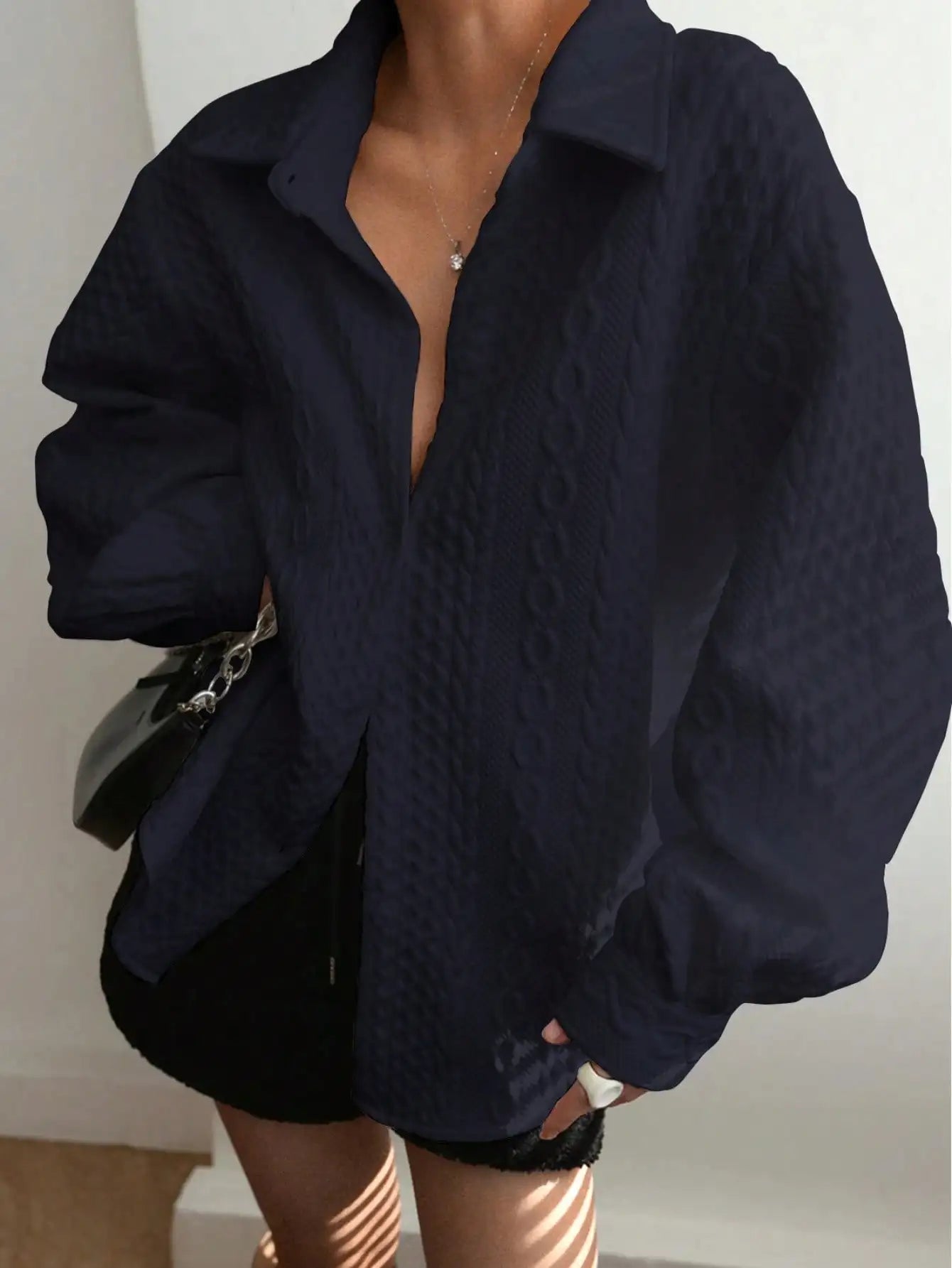 Fisoew Womens Oversized Button Down Shirts Textured Collared Long Sleeve Shacket Casual Fall Blouses Tops