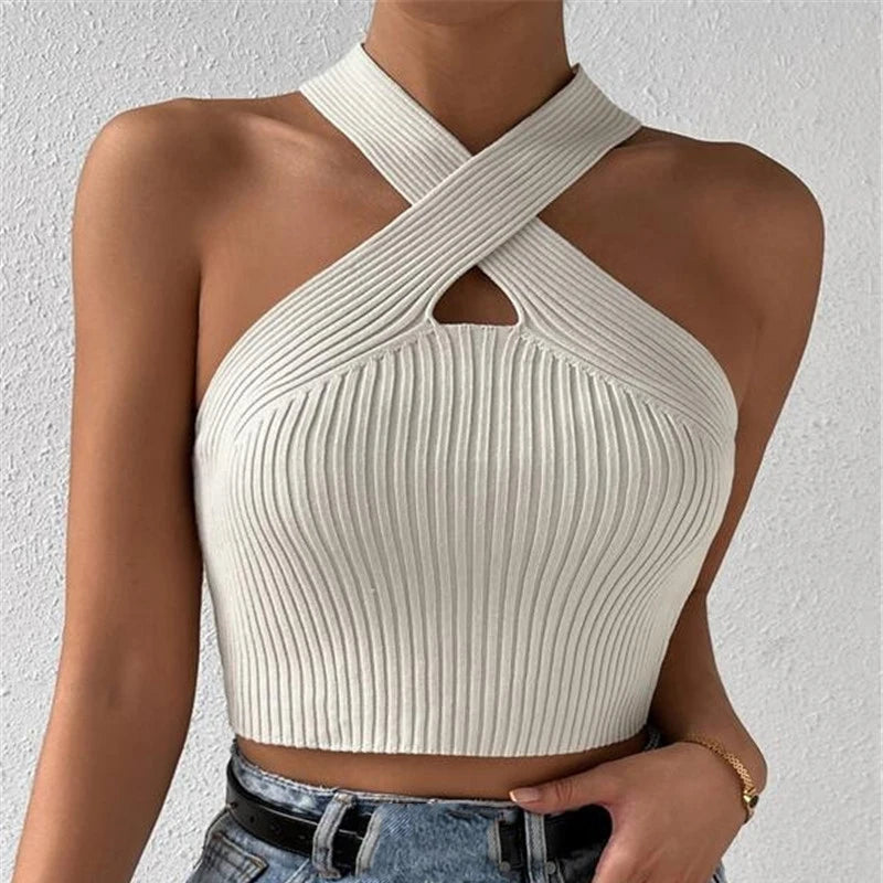 Women 2025 Summer Knit Cross Neck Crop Tops Sexy Slim Solid Backless Sleeveless Tank Tops Elastic Rib Design Underwear Camisoles