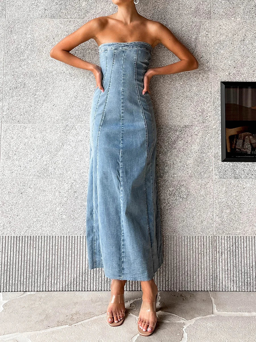 Hirigin Women Strapless Velvet Dress Backless Zipper Slit Perfect For Club Party