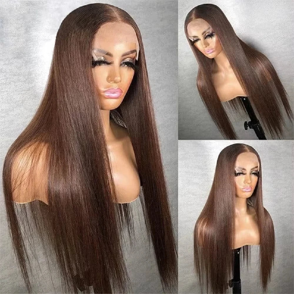 13x6 HD Chocolate Brown Bone Straight Lace Front Wig  36 Inch Lace Frontal Wig Human Hair Pre Plucked #4 Colored Human Hair Wig