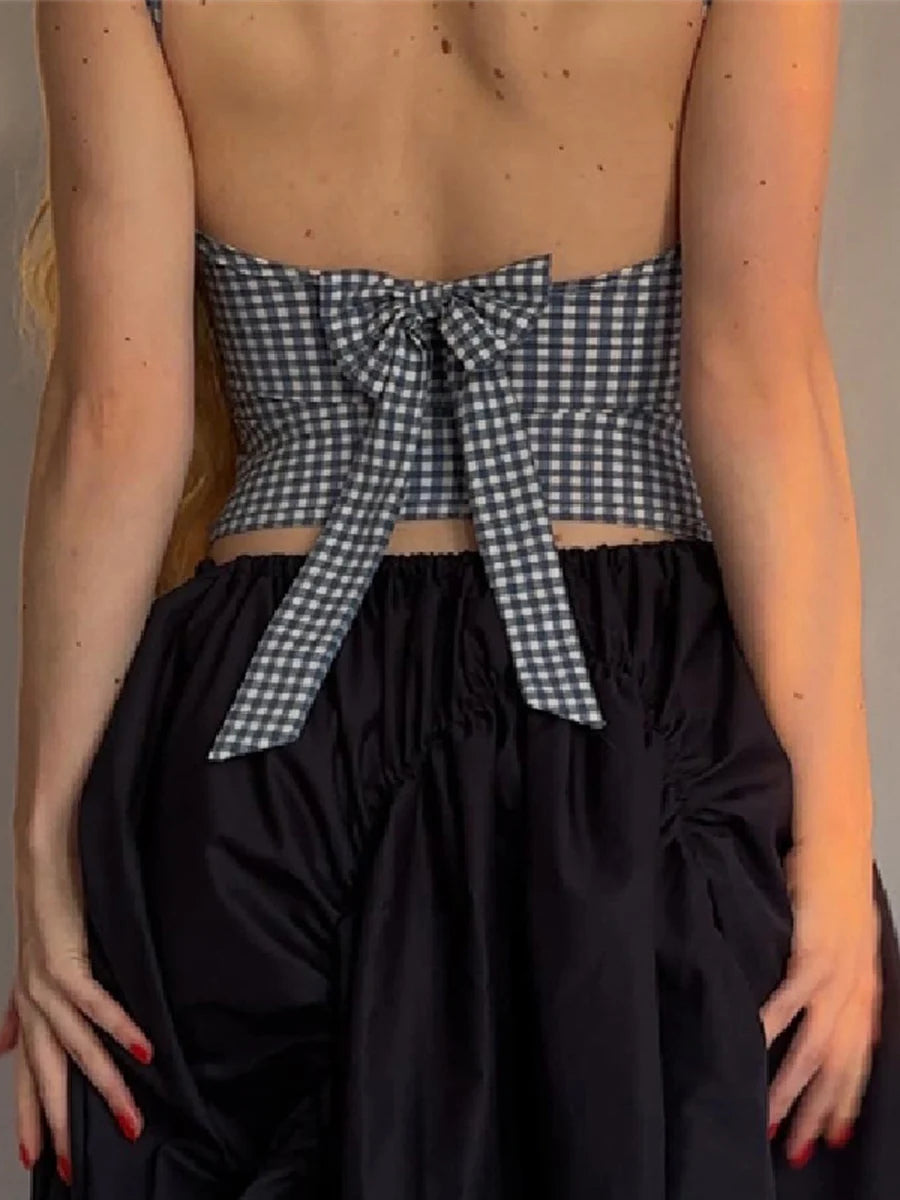 Hirigin Womens Plaid Cropped Tank Top Bow Backless Sleeveless Vest