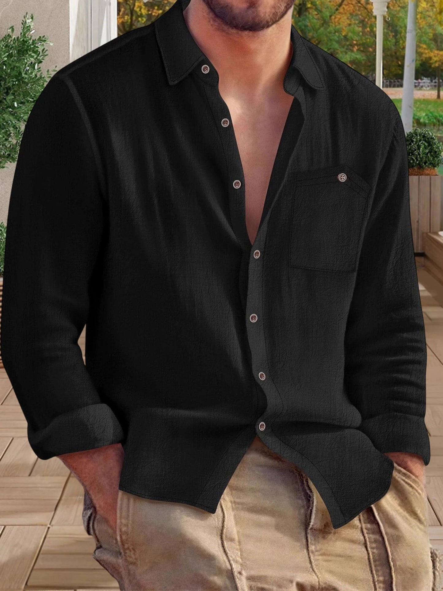 Men s Relaxed Fit Long Sleeve Solid Color Button Down Shirt with Turn-down Collar and Chest Pockets for Autumn Casual Wear