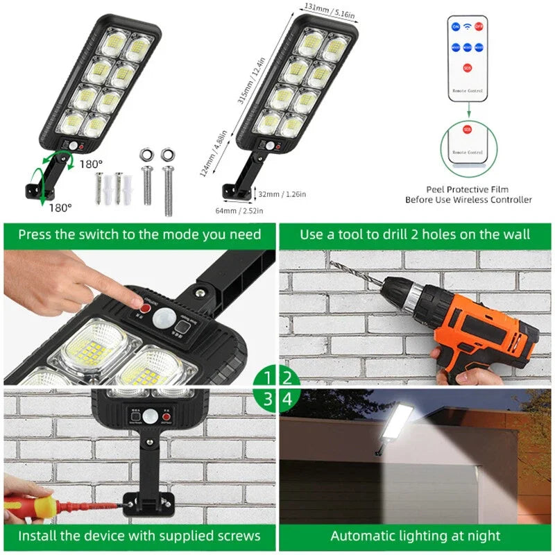 Outdoor Solar Street Light Motion Sensor LED Wall Lamp Waterproof Night Light Commercial Dusk to Dawn for Garden Courtyard