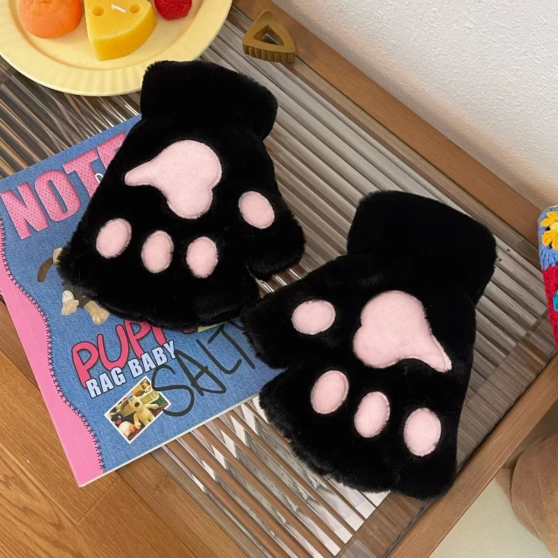 Lovely Plush Cat Claw Paw Gloves Plush Mittens Warm Soft Plush Short Fingerless Fluffy Bear Gloves Costume Half Finger Gloves