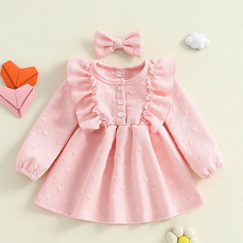 Girls Valentine s Day Heart Print Ruffle Sleeve Dress with Matching Headband - Adorable Toddler Princess Dress for the Holiday