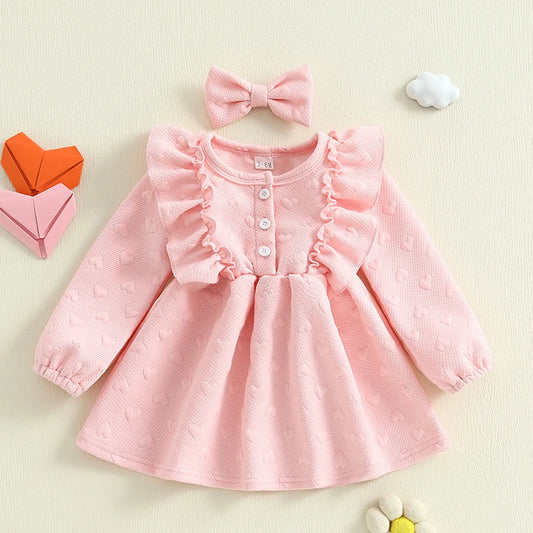 Girls Valentine s Day Heart Print Ruffle Sleeve Dress with Matching Headband - Adorable Toddler Princess Dress for the Holiday
