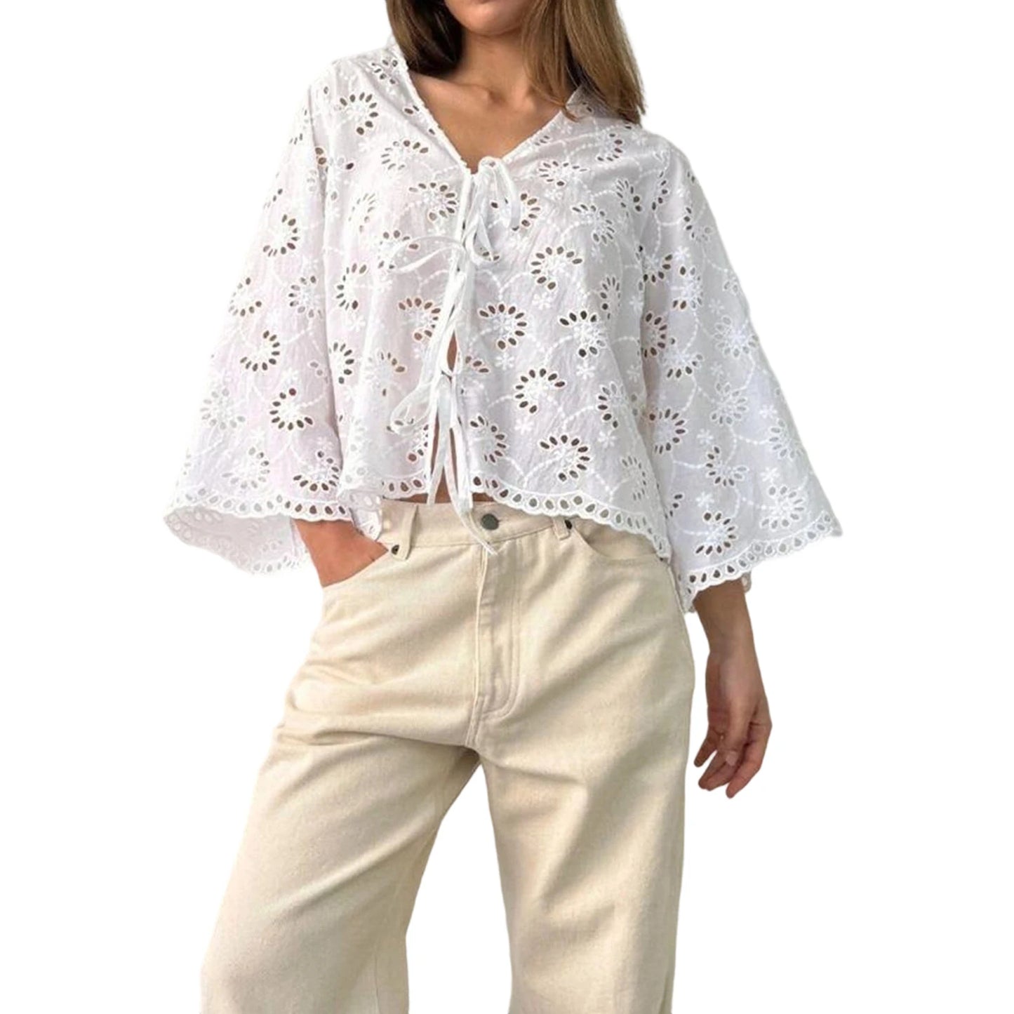 Stylish Women s V Neck Blouse with Eyelet Detailing Solid Color Loose Fit 3 4 Sleeves and Tie Front Design