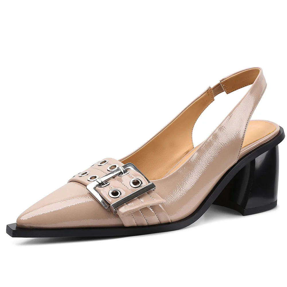 Women's Slingback Heels Block Chunky Heel Comfortable Pointed Toe Pumps Wide Metal Buckle Strap Office Party Dress Shoes Woman