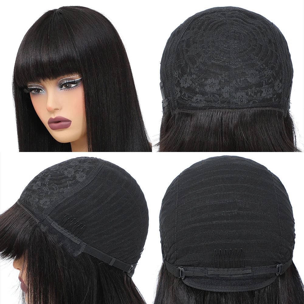 Short Black Human Hair Bob Wigs With Bangs Light Yaki Straight Realistic Scalp Glueless Non Lace Wig For Women Blunt Cut Bob Wig