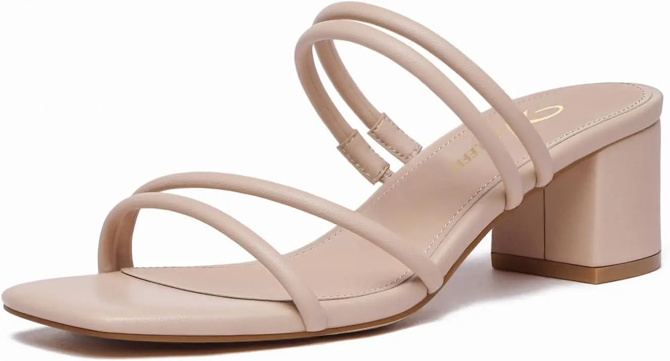 Women's Strappy Block Chunky Heels Fashion Square Open Toe Slip On Heeled Sandals