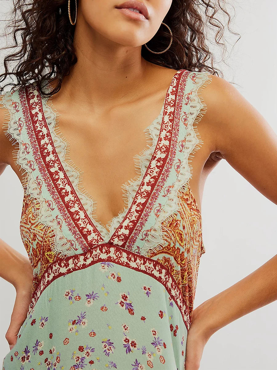 Hirigin Women Sleeveless Lace Trim Deep V Neck Backless Dress