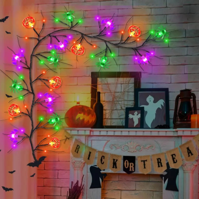 Willow Vine Halloween String Lights With Bat Spider Pumpkin