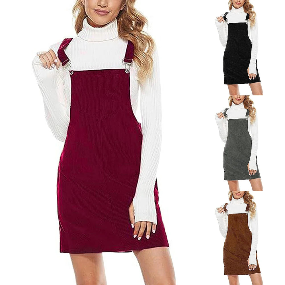 APWIKOGER Casual Corduroy A-Line Mini Dress With Pockets