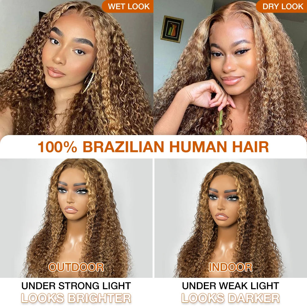 Honey Blonde Deep Wave Glueless Wigs 100% Human Hair Pre Cut Highlight Wear and Go Curly Wigs for Women Ombre HD Lace Front Wig