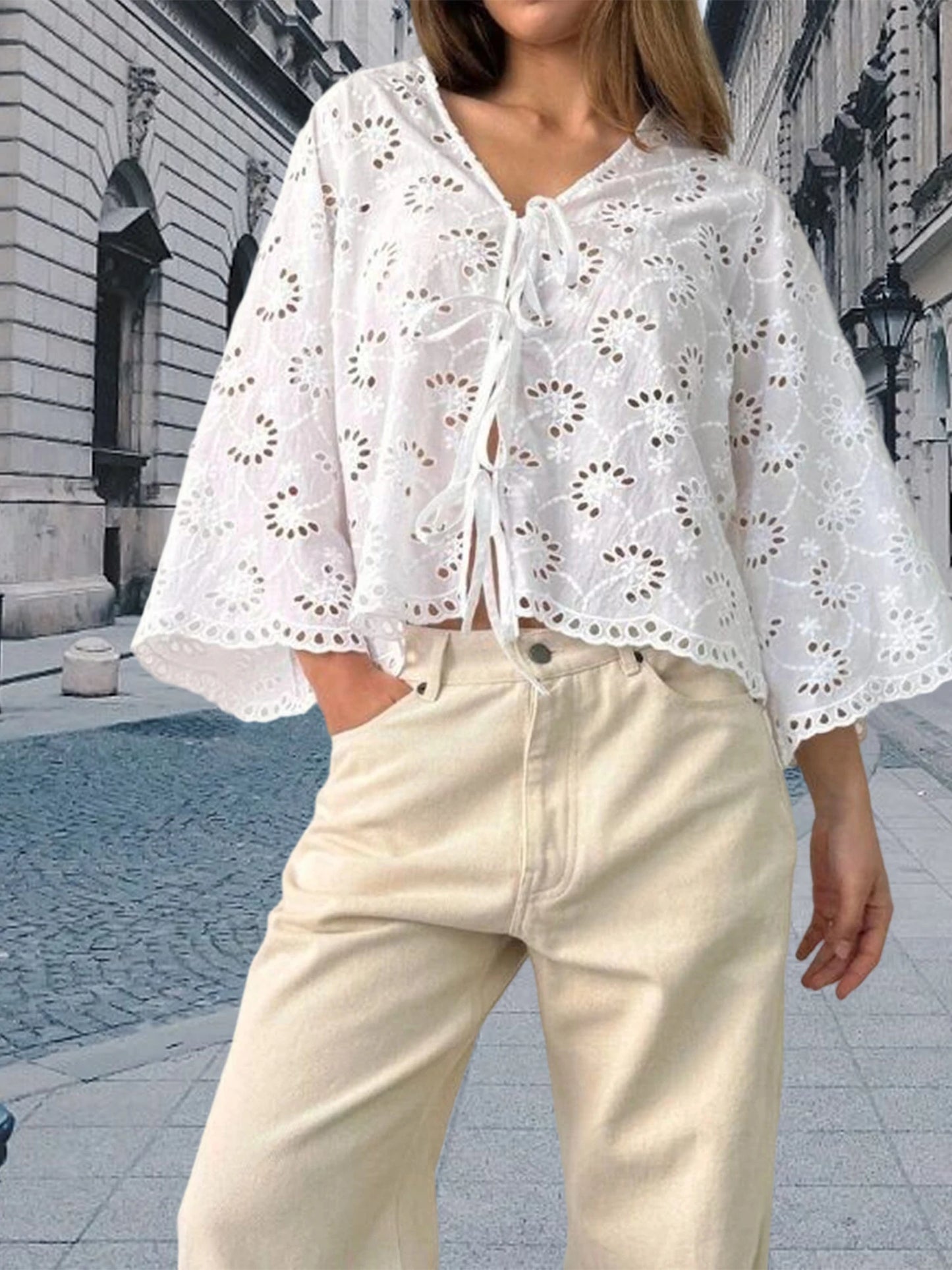 Stylish Women s V Neck Blouse with Eyelet Detailing Solid Color Loose Fit 3 4 Sleeves and Tie Front Design