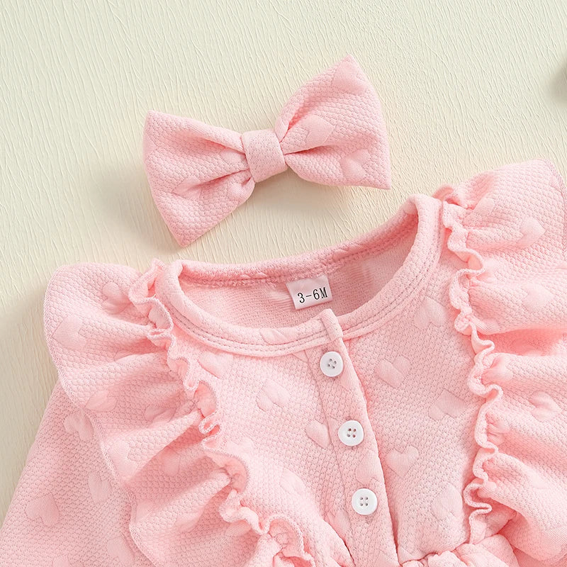 Girls Valentine s Day Heart Print Ruffle Sleeve Dress with Matching Headband - Adorable Toddler Princess Dress for the Holiday