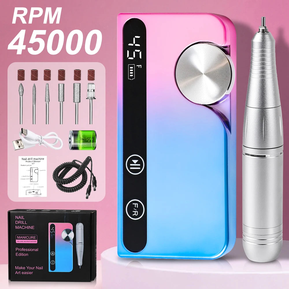 45000RPM Electric Nail Drill Polisher Rechargeable Professional Electric Nail Machine Kit for Home Acrylic Gel Nails Polishing