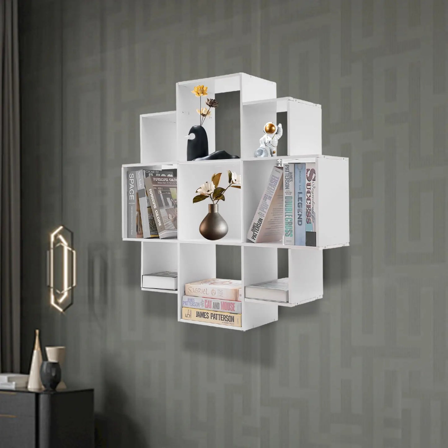 Hign-concerned Wall Mounted Bookcase 3-Tier Floating Shelf With 9 Compartments