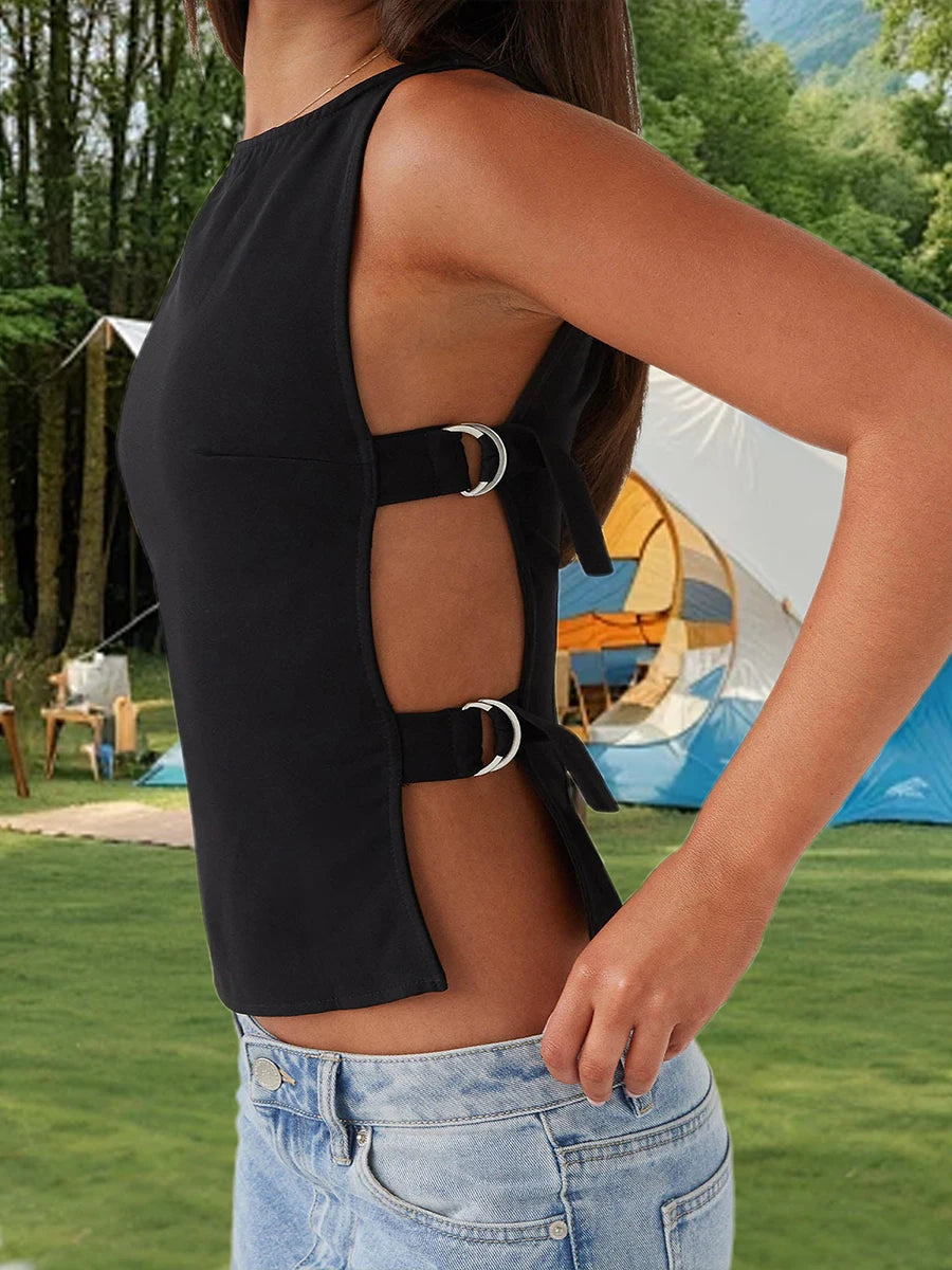 Hirigin Women Sleeveless Boat Neck Tank Top With Side Buckle