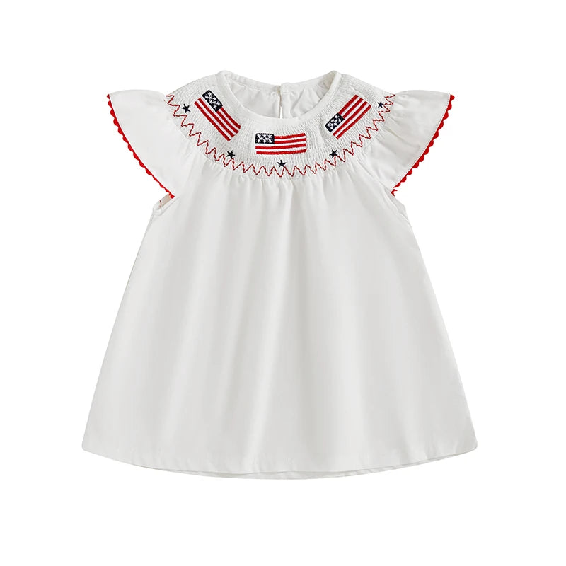 Girls American Flag Embroidered Dress with Polka Dot and Plaid Print Short Sleeve Toddler Dress for Patriotic Events and Cute