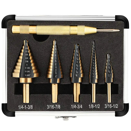 MEYOUTOWNDIY Step Drill Bit Set 5-Piece Titanium Coated HSS Center-Punch
