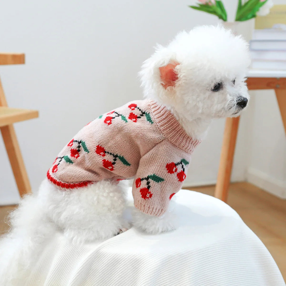 1PC Pet Clothes Dog Cat Thickened Warm Winter Autumn Pink Cherry Sweater Elastic Jumper Knitted Sweater