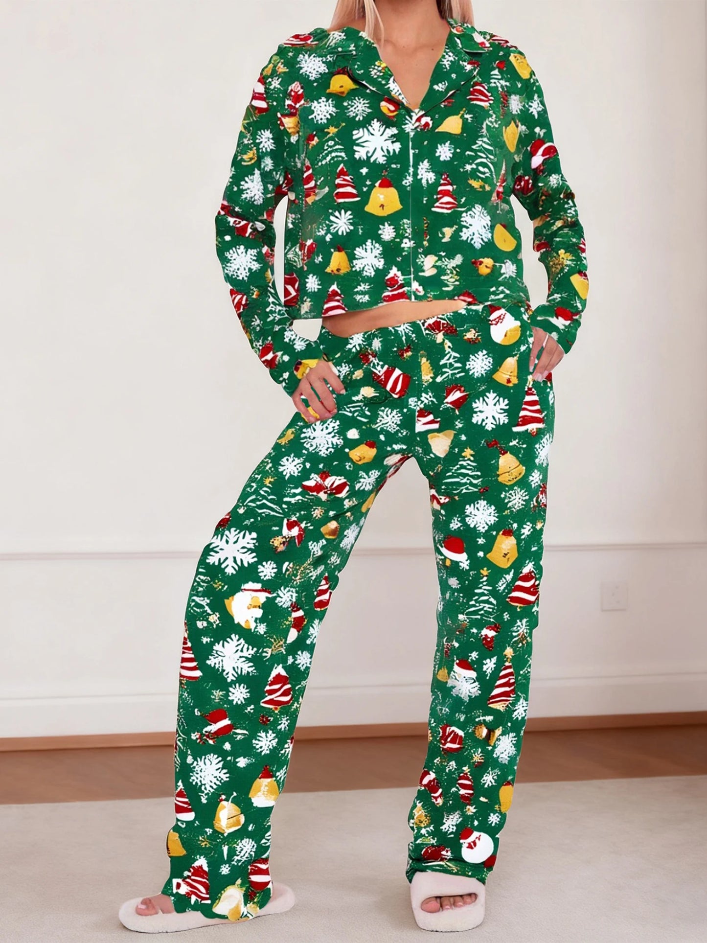 XBTCLXEBCOCN Women Festive Christmas Tree Print Pajama Set With Cozy Long Sleeve Button Up Top And Elastic Waist Pants