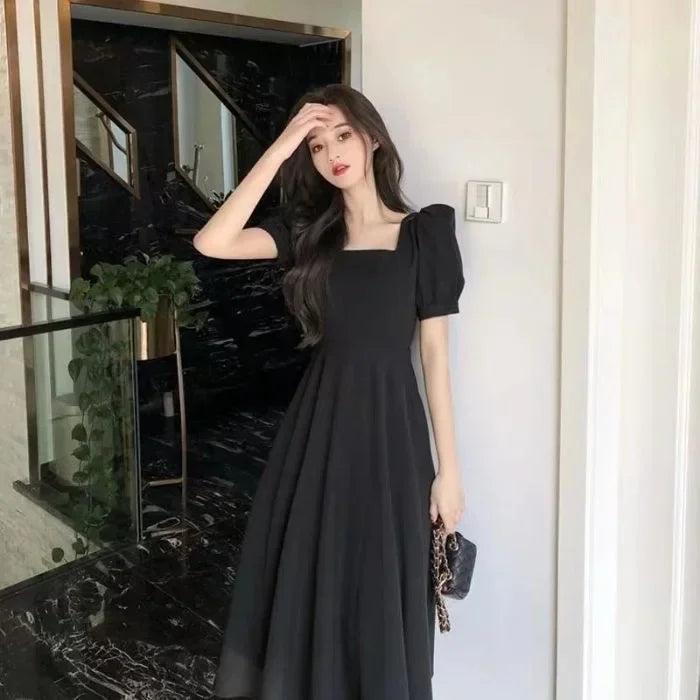 HebeiCraft Of Weaving Princess Sleeve Square Collar Hepburn Style Women's Dress Slimming Waist