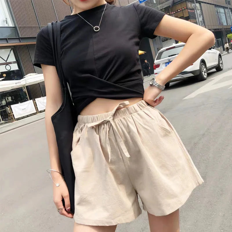 CN Zhejiang Cotton Linen Shorts Women High Waist Casual