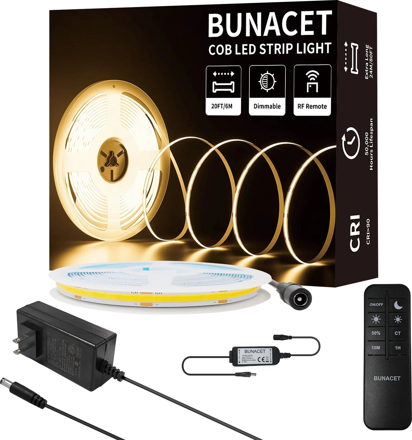 COB LED Strip Light 324led/m 6m 24V Warm/Natural/Cold White High CRI 90+ with RF Remote Flexible Light Strip for Bedroom Kitchen