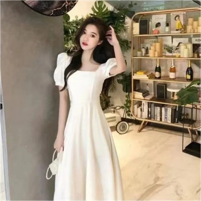 HebeiCraft Of Weaving Princess Sleeve Square Collar Hepburn Style Women's Dress Slimming Waist